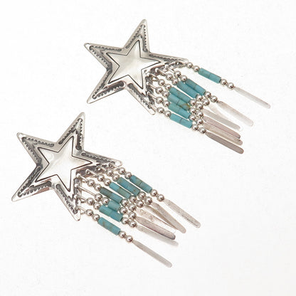 Quoc Turquoise Old Pawn 925 Sterling Silver Vintage Star Tribal Jacket Earrings