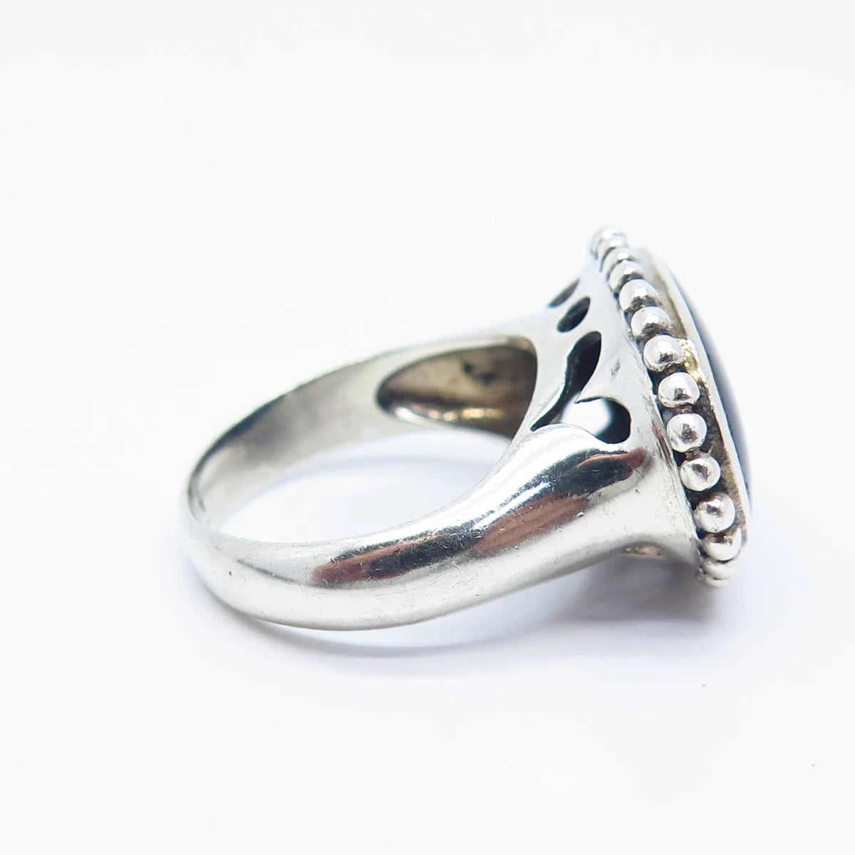 925 Sterling Silver Vintage Real Black Onyx Gemstone Beaded Ring Size 6.5