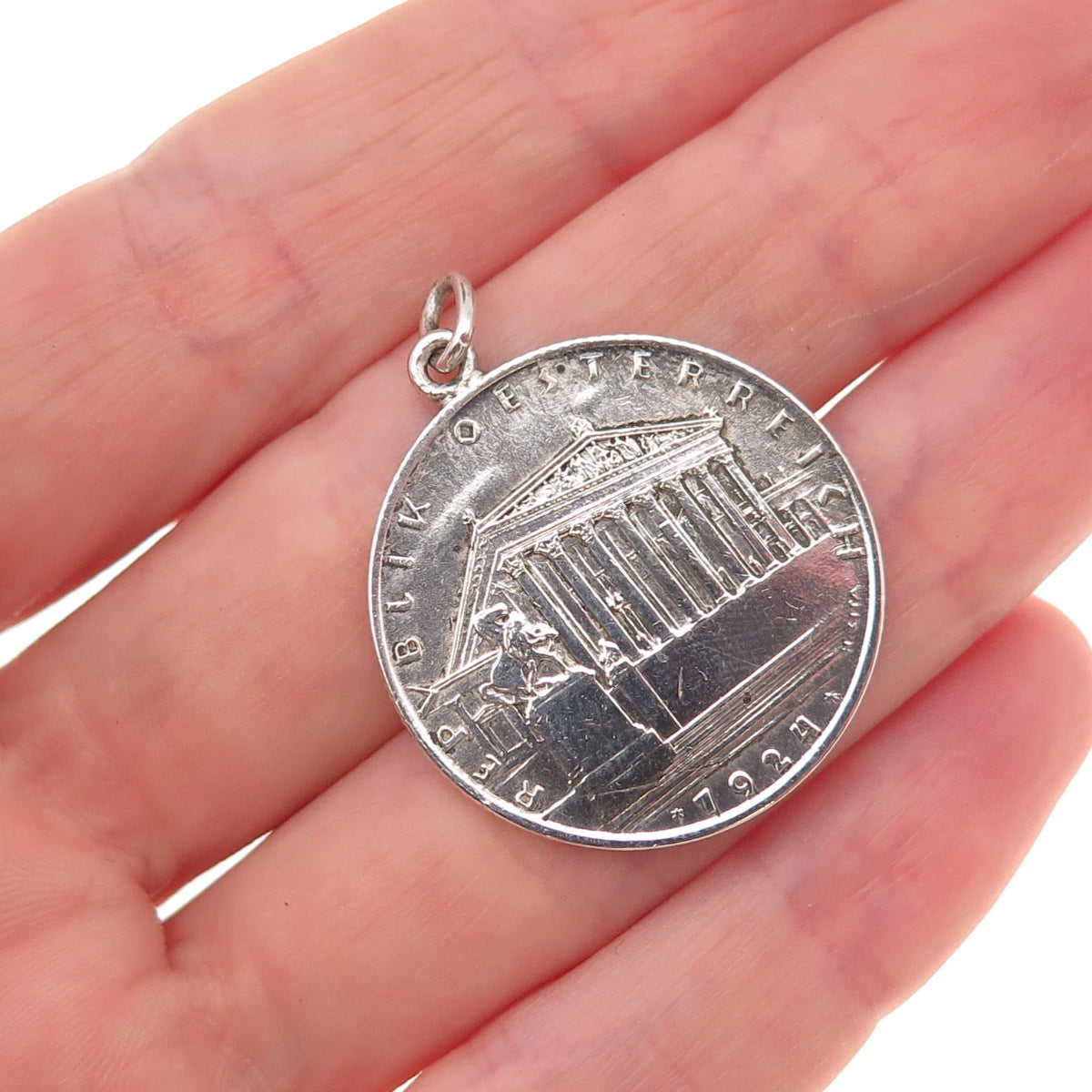 800 Silver Antique 1924 Austrian 1 Schilling Engraved Coin Pendant