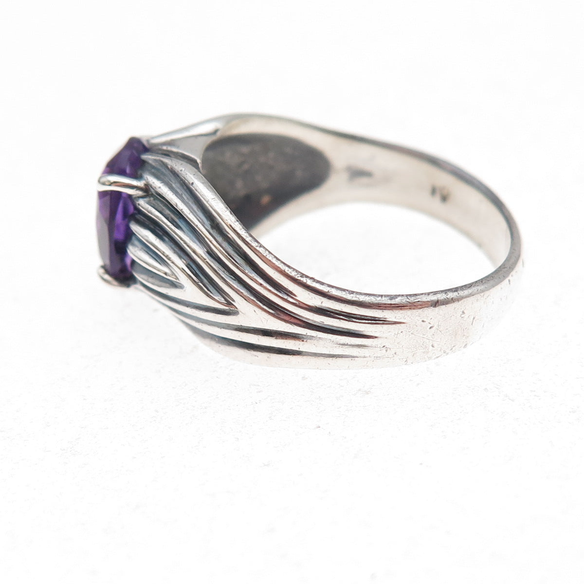 925 Sterling Silver Vintage Real Amethyst Modernist Oxidized Ring Size 7