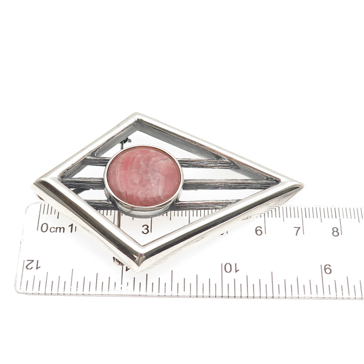 925 Sterling Silver Vintage Real Rhodochrosite Modernist Pin Brooch / Pendant