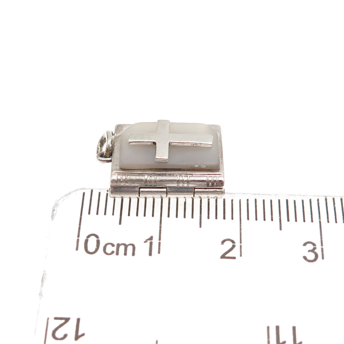 925 Sterling Antique Real MOP Prayer Cross Bible Mini Locket Charm Pendant