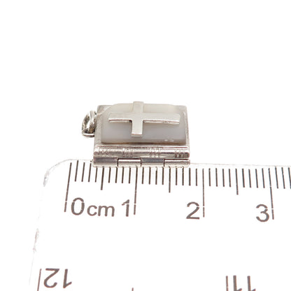 925 Sterling Antique Real MOP Prayer Cross Bible Mini Locket Charm Pendant