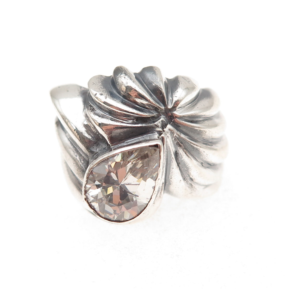 925 Sterling Silver Vintage Pear-Cut C Z Modernist Oxidized Ring Size 6.5