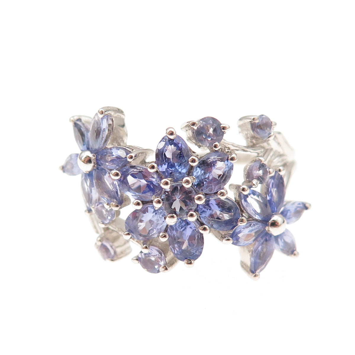 Chuck Clemency 925 Sterling Silver Real Tanzanite Floral Cluster Ring Size 8