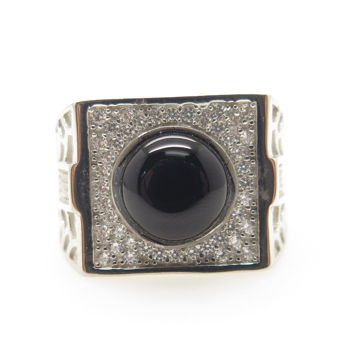 925 Sterling Silver Real Black Onyx Gemstone & C Z Ring Size 9.5