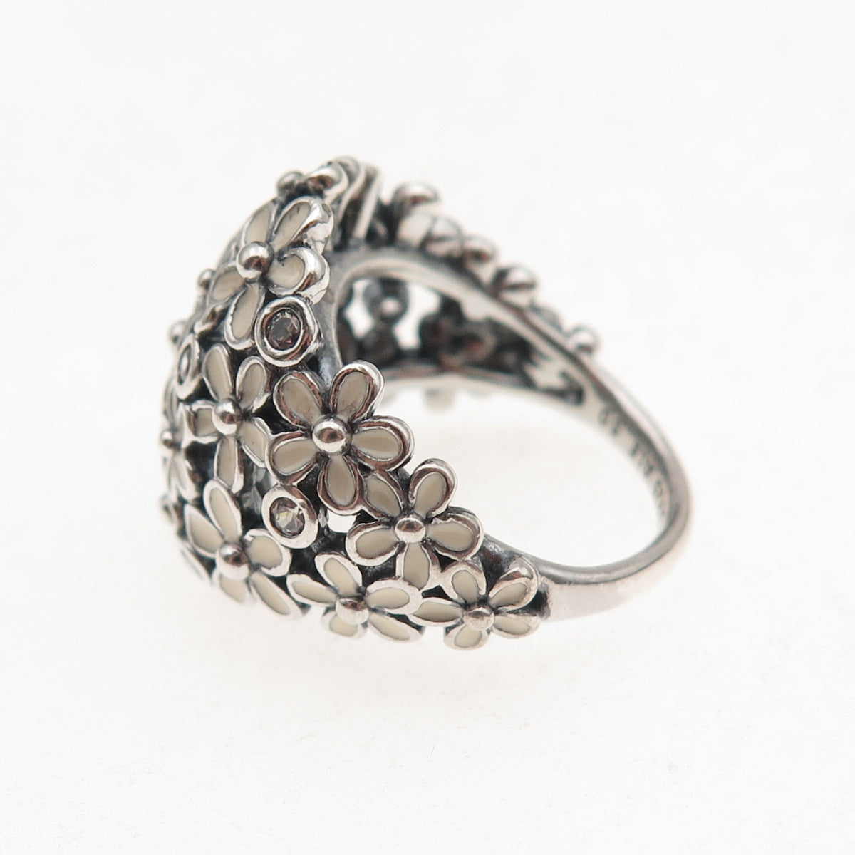 Pandora 925 Sterling Silver Enamel & C Z Darling Daisy Bouquet Ring Size 5.25