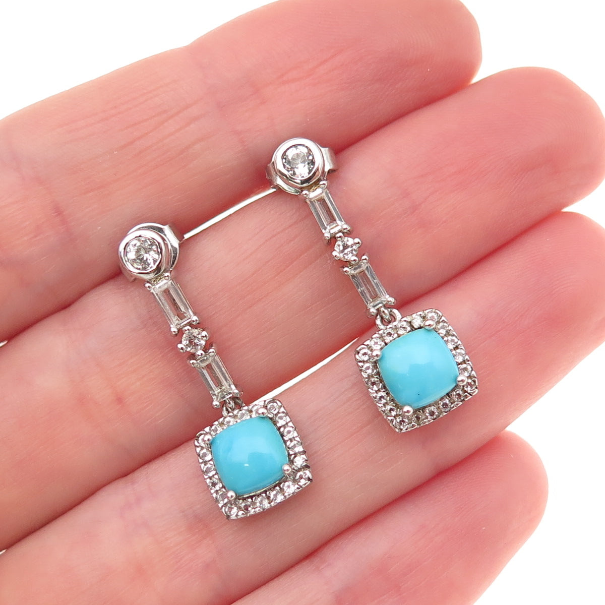 925 Sterling Silver Real Sleeping Beauty Turquoise & White Topaz Dangle Earrings