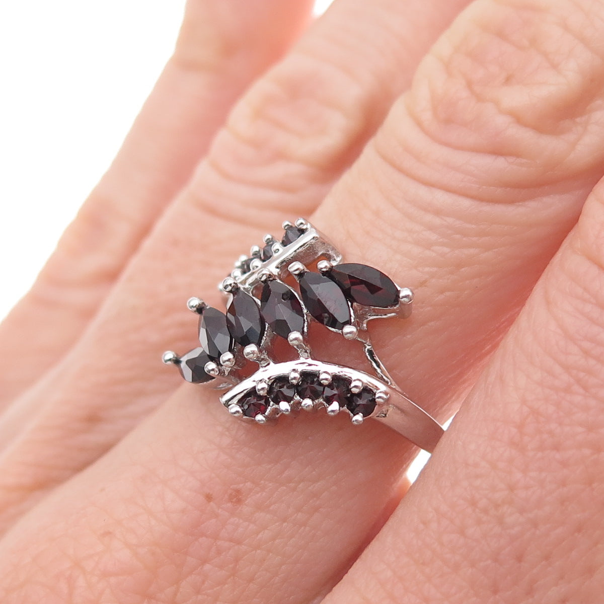 925 Sterling Silver Vintage Real Marquise & Round-Cut Red Garnet Ring Size 7