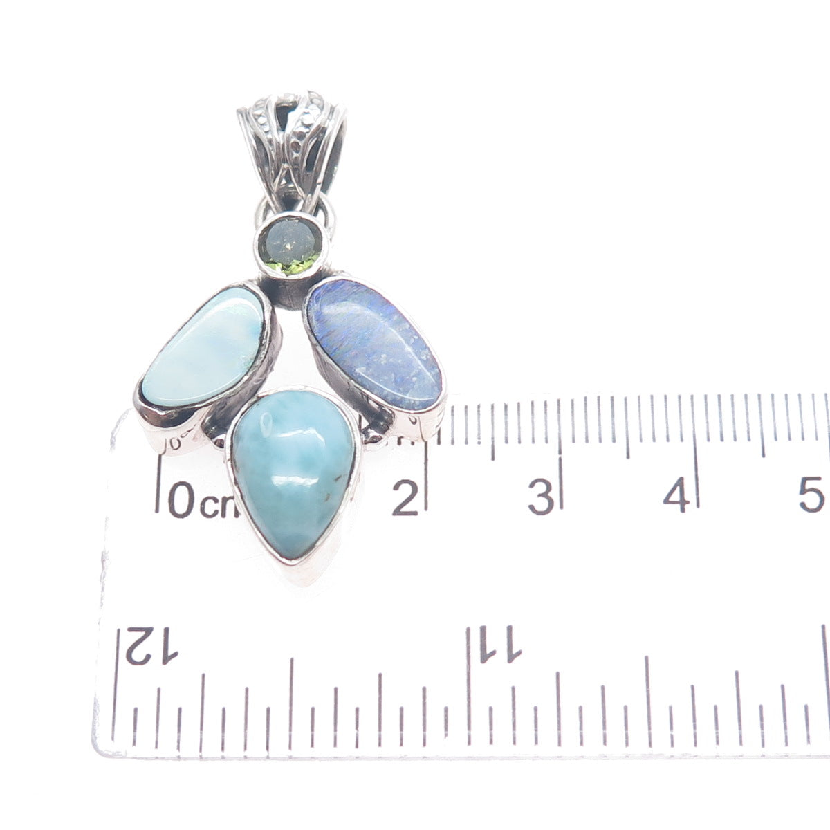 925 Sterling Silver Vintage Real Larimar Opal & Peridot Modernist Charm Pendant