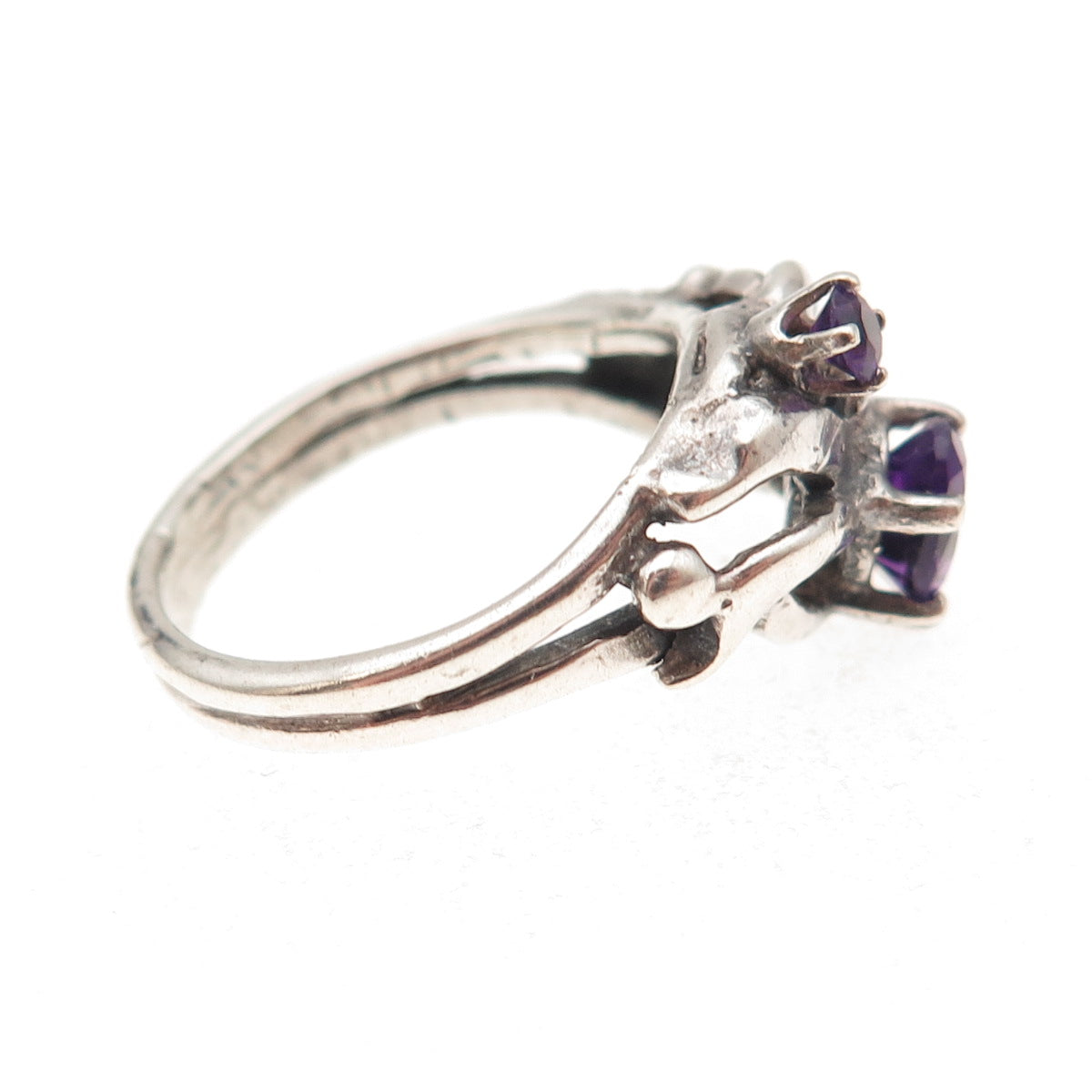 925 Sterling Silver Vintage Real Amethyst Modernist Oxidized Ring Size 7.75