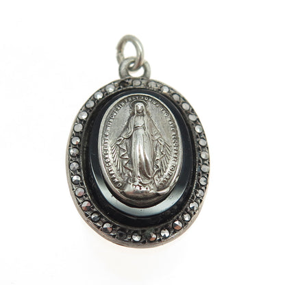 925 Sterling Silver Antique Black Onyx Marcasite Gem St. Mary Religious Pendant