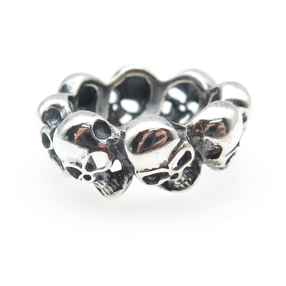 925 Sterling Silver Vintage Skull All Around Oxidized Biker Ring Size 9.75