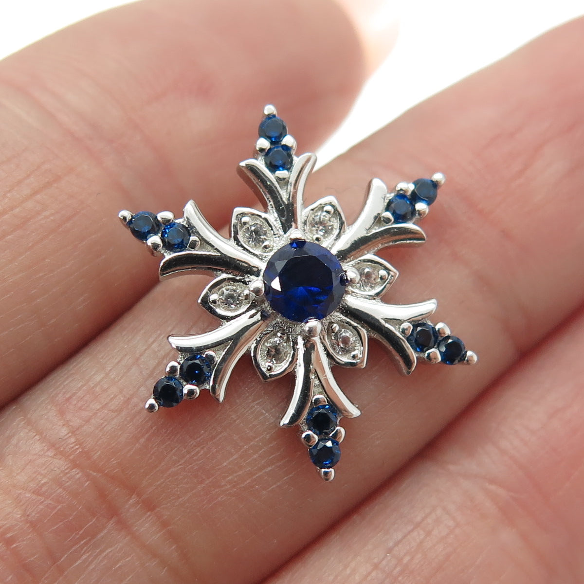 HAN 925 Sterling Silver Lab-Created Sapphire & C Z Snowflake Slide Pendant