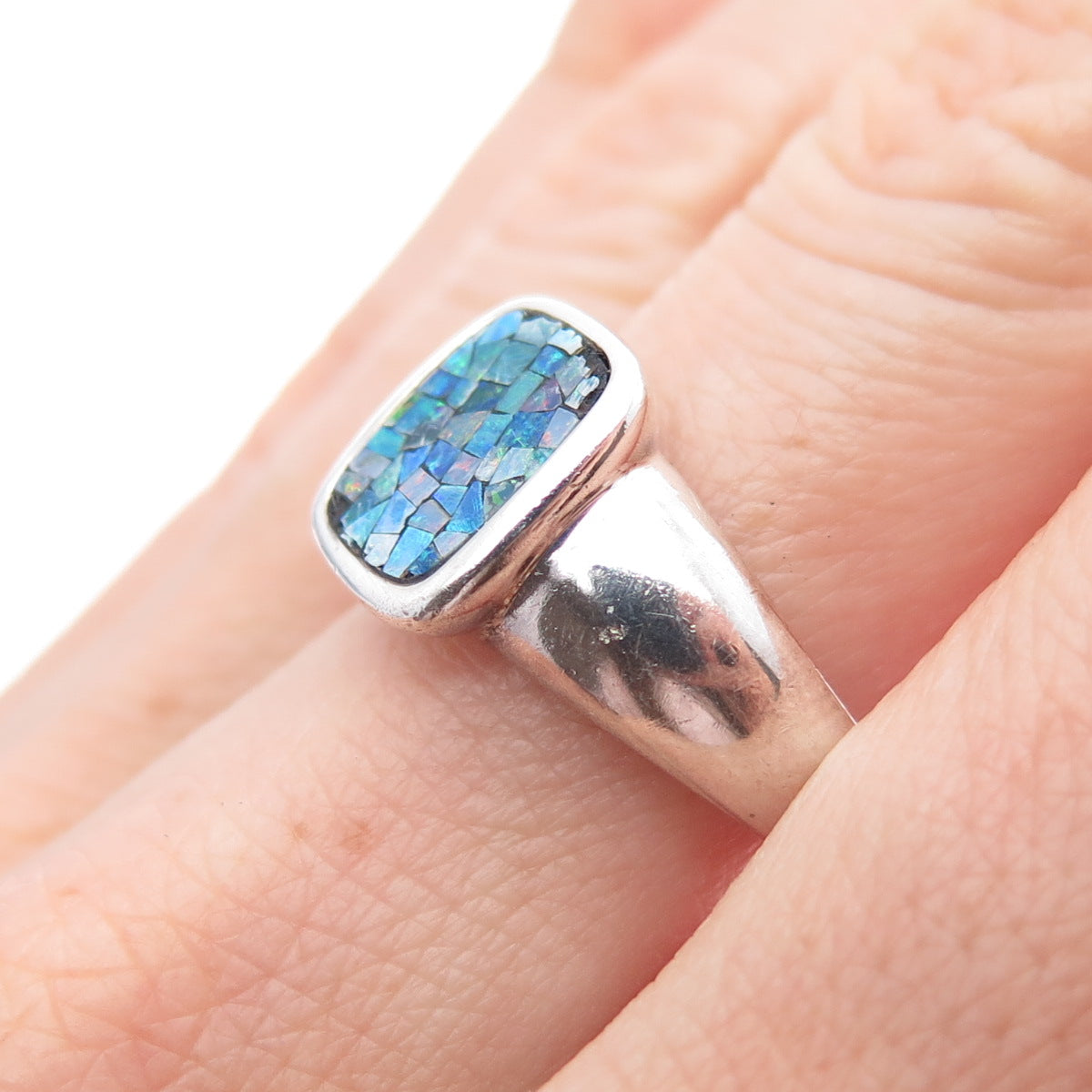 MICHELLE ALBALA 925 Sterling Silver Vintage Real Opal Inlay Ring Size 8