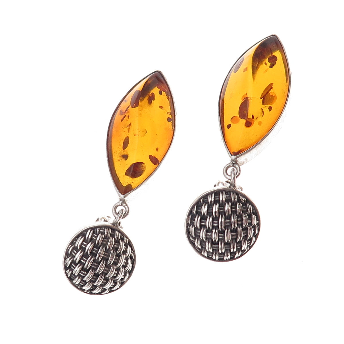 Lori Bonn 925 Sterling Silver Vintage Real Amber Modernist Clip On Earrings