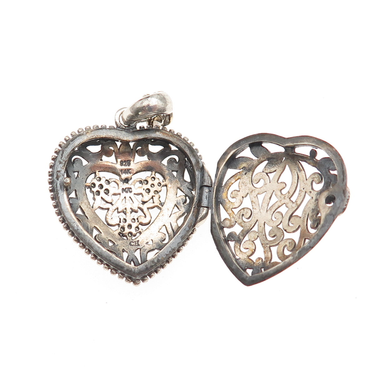 925 Sterling Silver 14K Gold Real Diamond Ornate Heart Locket Charm Pendant