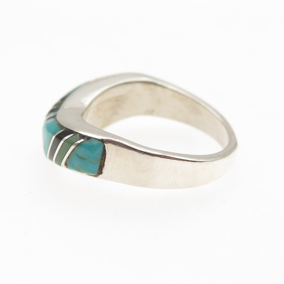 Old Pawn 925 Sterling Silver Vintage Turquoise & Black Onyx Wavy Ring Size 8.25