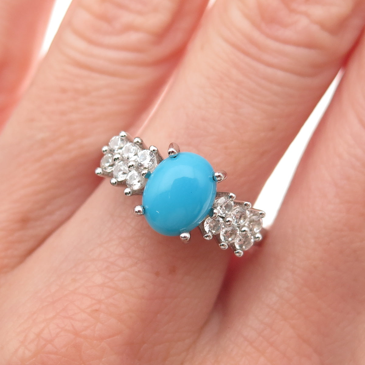 925 Sterling Silver Real Sleeping Beauty Turquoise & White Topaz Ring Size 8