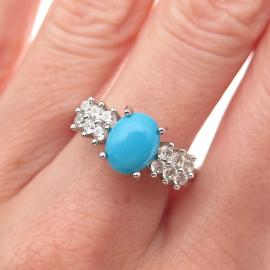 925 Sterling Silver Real Sleeping Beauty Turquoise & White Topaz Ring Size 8