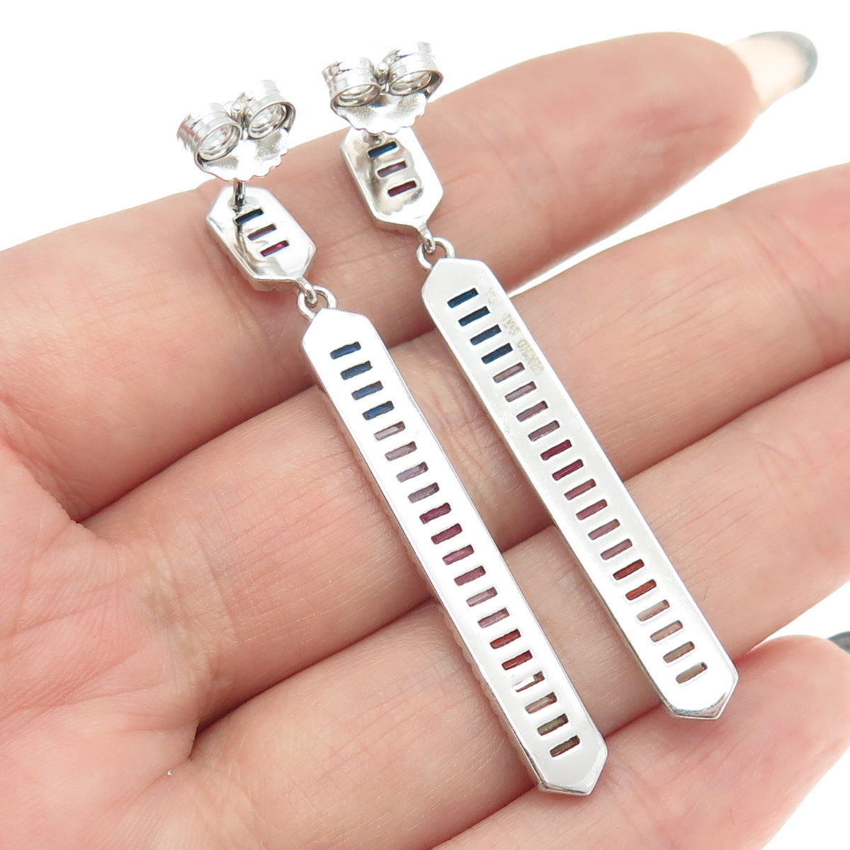 925 Sterling Silver Multi-Color Baguette-Cut C Z Bar Dangling Earrings