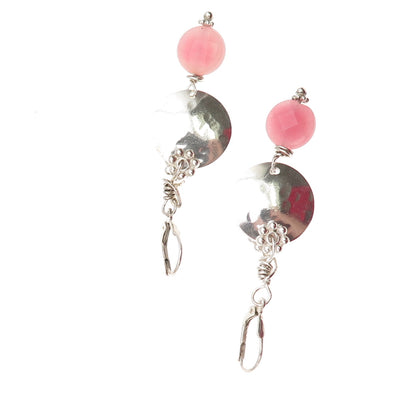 925 Sterling Silver Vintage Real Pink Agate Modernist Disc Dangle Earrings
