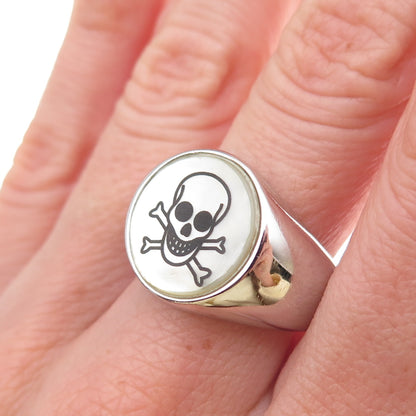 Dasan 925 Sterling Silver Real MOP Skull & Crossbones Signet Ring Size 10.25
