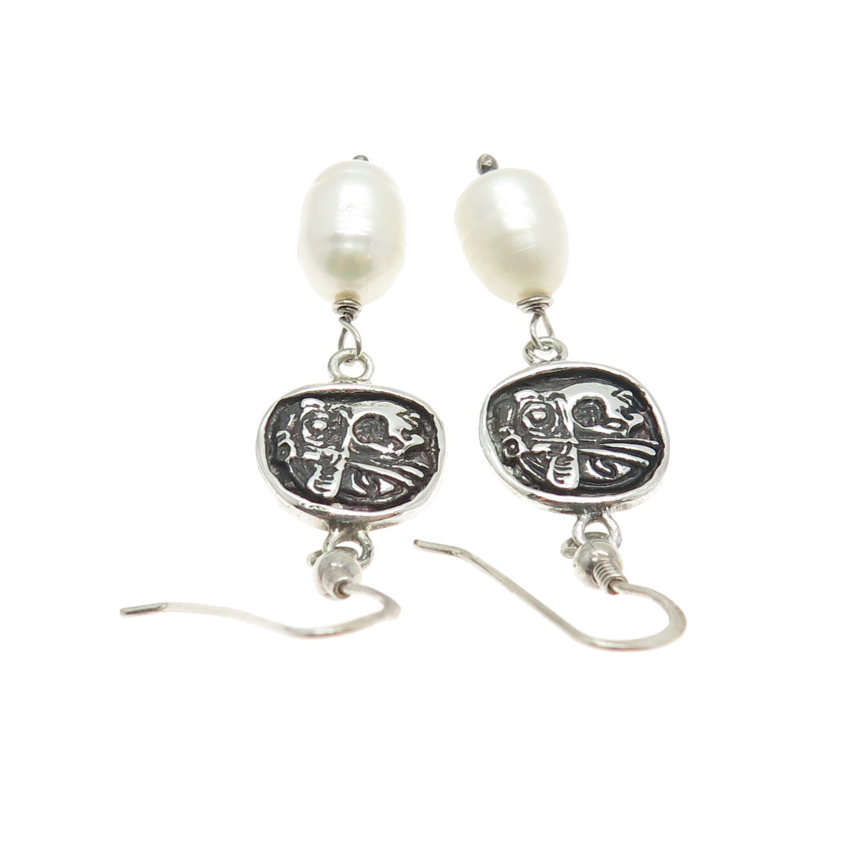 925 Sterling Silver Vintage Real Pearl Tribal Face Dangle Hook Earrings