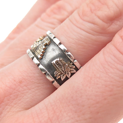 925 Sterling Silver 2-Tone Vintage Mayan Oxidized Band Ring Size 8.5