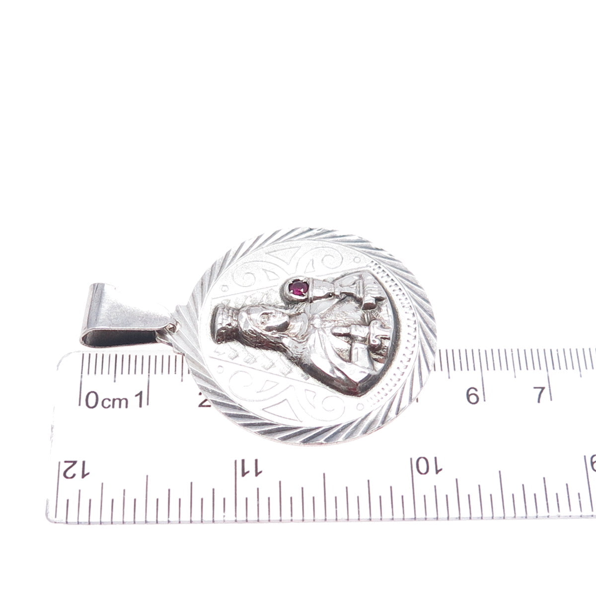 925 Sterling Silver Vintage Real Ruby St. Barbara Religious Oxidized Pendant