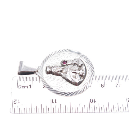 925 Sterling Silver Vintage Real Ruby St. Barbara Religious Oxidized Pendant