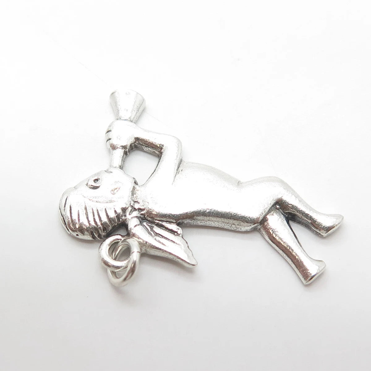 925 Sterling Silver Vintage Cherub & Horn Repousse Pendant