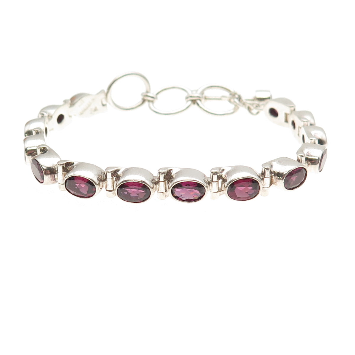 925 Sterling Silver Vintage Mexico Real Oval-Cut Rhodolite Bracelet 6-7"