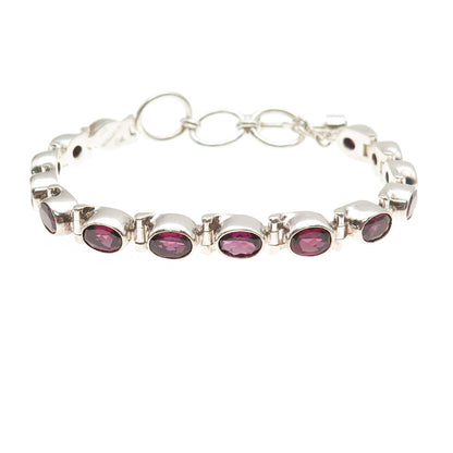 925 Sterling Silver Vintage Mexico Real Oval-Cut Rhodolite Bracelet 6-7"