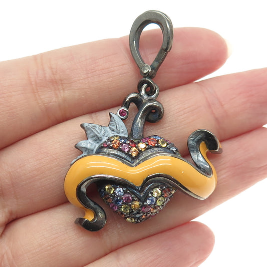 925 Sterling Silver Black Rhodium Enamel Real Multi-Color Sapphire Heart Pendant