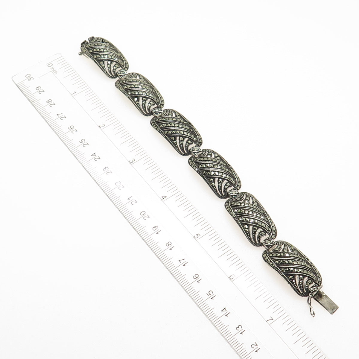 830S Silver Antique Art Deco Scandinavian Real Marcasite Panel Link Bracelet 7"