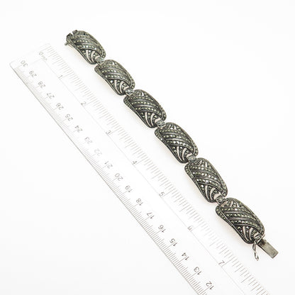 830S Silver Antique Art Deco Scandinavian Real Marcasite Panel Link Bracelet 7"