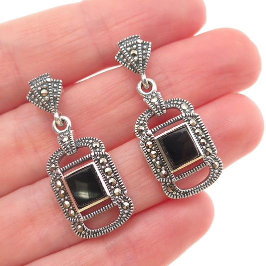 925 Sterling Silver Vintage Real Black Onyx & Marcasite Oxidized Dangle Earrings