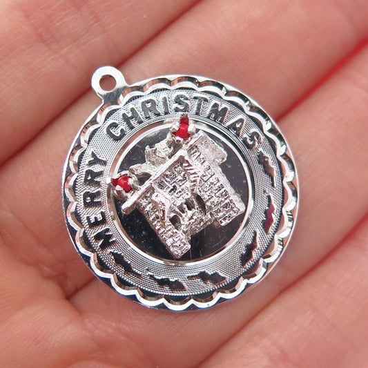 ELCO 925 Sterling Silver Vintage Real Coral Merry Christmas Charm Pendant