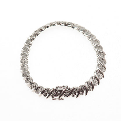 925 Sterling Silver Real Round-Cut Diamond Ribbed Link Bracelet 7.25"