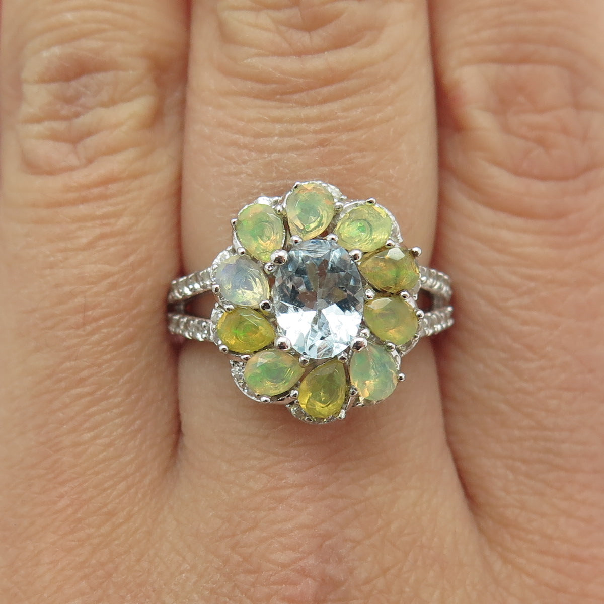 925 Sterling Silver Real Aquamarine Opal & White Topaz Flower Ring Size 7.75