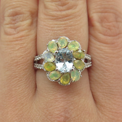 925 Sterling Silver Real Aquamarine Opal & White Topaz Flower Ring Size 7.75