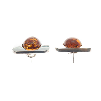 925 Sterling Silver Vintage Real Amber Modernist Omega Back Earrings
