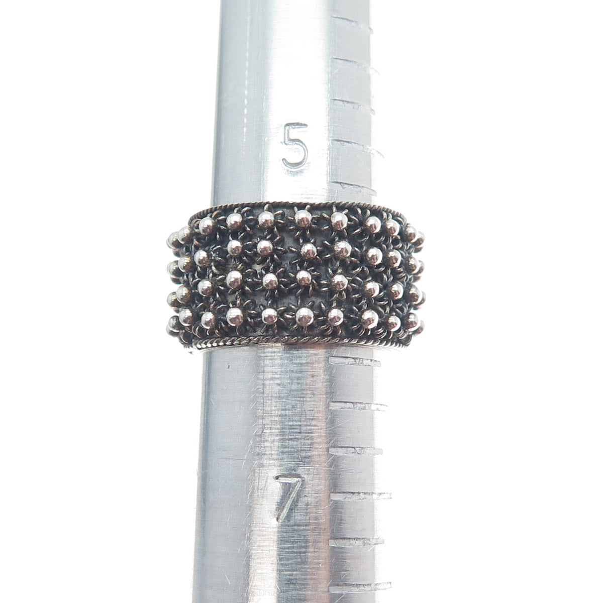 800 Silver Vintage Oxidized Cannetille Band Ring Size 6.25 (missing 1 piece)