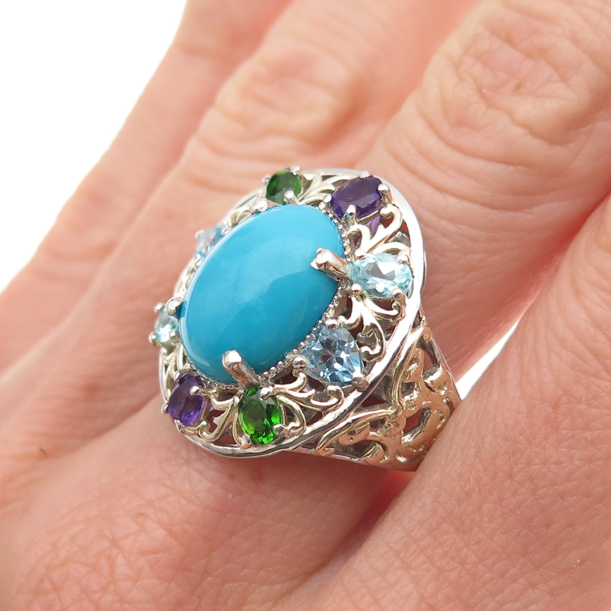 Chuck Clemency 925 Sterling Silver 2-Tone Real Multi-Color Gem Ring Size 8