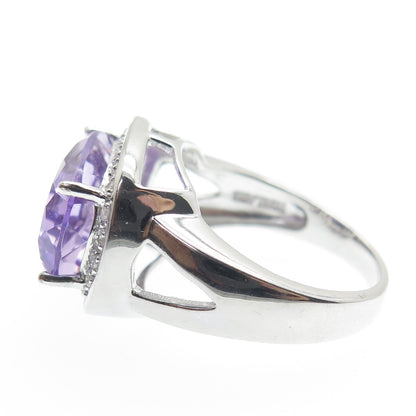 925 Sterling Silver Real Round-Cut Diamond & Amethyst Ring Size 7.25