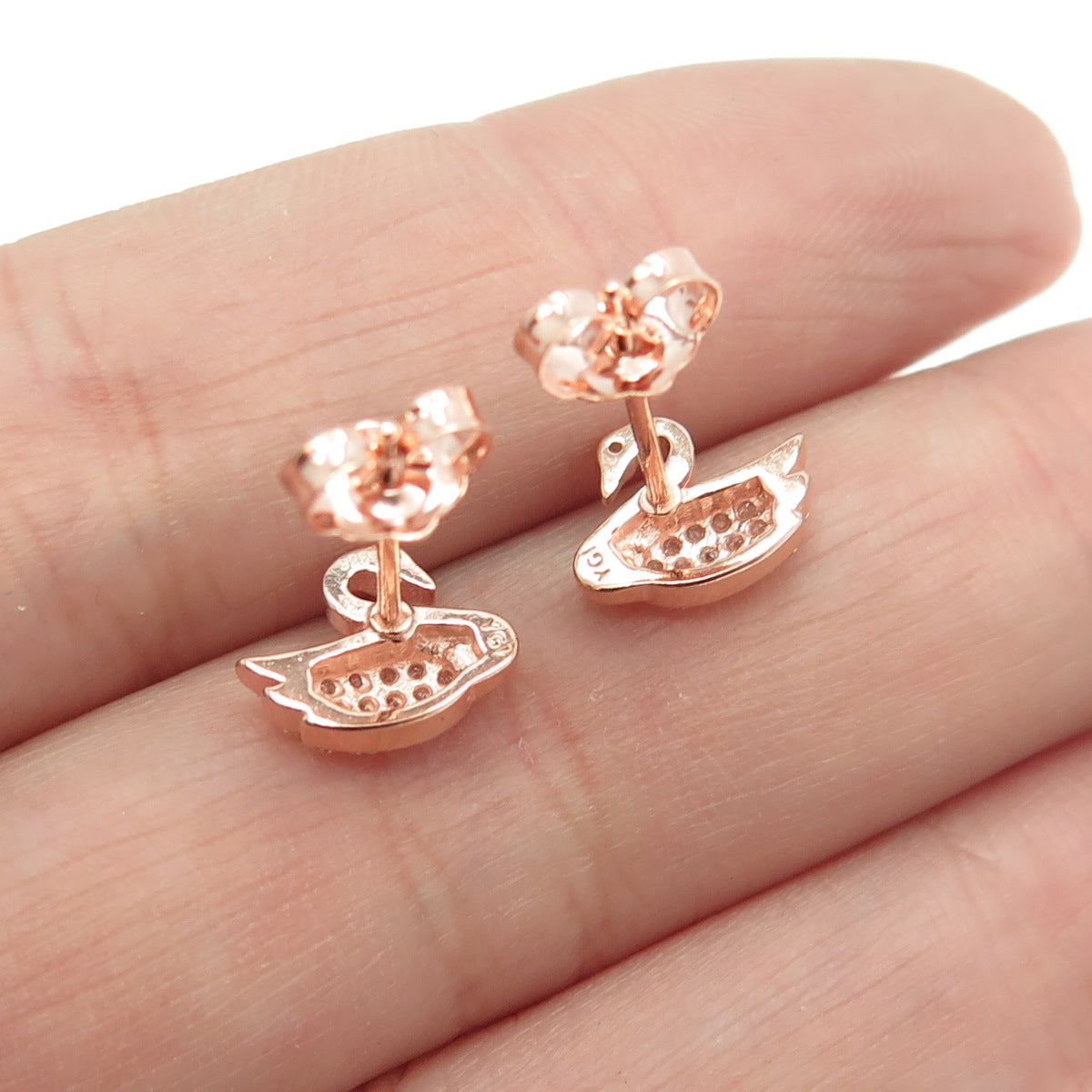 925 Sterling Silver Rose Gold Plated Pave C Z Swan Stud Earrings