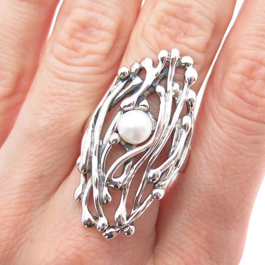 HAGIT GORALI Sterling Silver Vintage Israel Real Pearl Modernist Ring Size 8.5