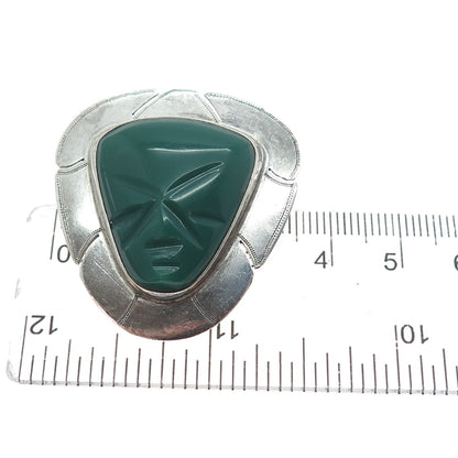 925 Sterling Silver Vintage Mexico Real Green Onyx Aztec God Pin Brooch Pendant