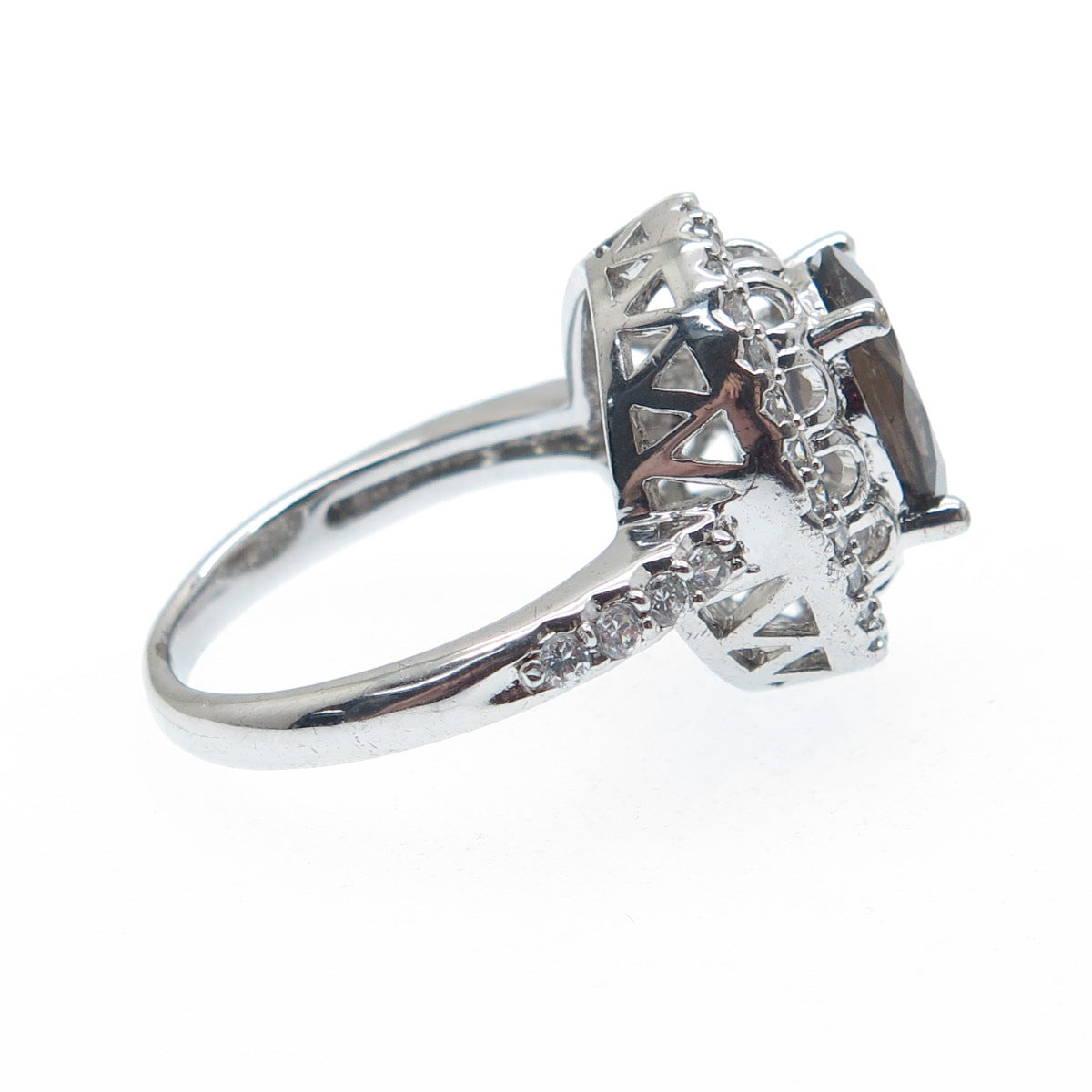 925 Sterling Silver Real Oval-Cut Smoky Quartz & Round-Cut C Z Ring Size 6.75